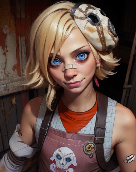 Tina,blue eyes,blonde hair,
shirt,apron,detached sleeve,bandaid on face,mask on head,
standing,upper body,smile,
wastelands,carnival,
(insanely detailed, beautiful detailed face, masterpiece, best quality),solo,<lora:TinaBL2-10v2:0.8>,