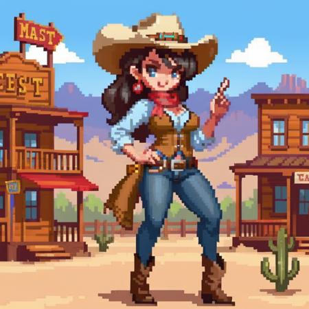 Create an image in a vibrant cartoon game style, featuring a curvaceous and attractive female cowboy. She should be depicted with an exaggerated, yet appealing figure, wearing a classic cowboy outfit with a stylish twist. The outfit includes a wide-brimmed hat, a decorative bandana, a fitted vest over a plaid shirt, and well-fitted jeans. Her pose should be confident and playful, with one hand casually resting on her hip and the other tipping her hat. The background is a colorful, stylized Wild West setting, complete with a saloon and desert landscape, <lora:pixelgirl:0.75>