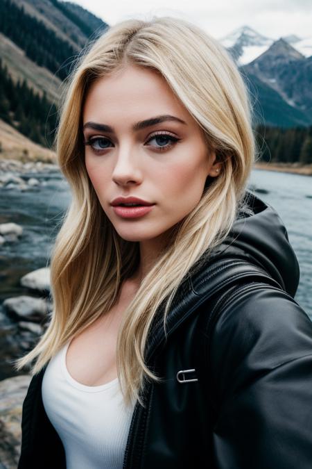 ((selfie)) photo of beautiful blonde (summrstr0m-135:0.99), a woman, outdoors, mountains, wearing a backpack, sweater, and hiking jacket, rocks, river, wood, analog style (look at viewer:1.2) (skin texture), close up, 85mm, cinematic light, sidelighting, Fujiflim XT3, DSLR, epiCPhoto