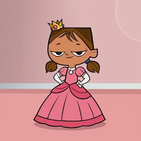 courtney_tdr, brown hair, twintails, 1girl, short twintails, dark skin, freckles, black eyes, p34ch3s-dress, cosplay, crown, blue earrings, jewelry, pink dress, elbow gloves, white gloves, Very long large floor length wide straight tulle long sleeved ball gown hoop skirt, ball gown hoop skirt, princess dress, hoopdress, white pearl necklace, long elbow length princess gloves, my big princess gypsy wedding dress, ballgown, a girl in a dress posing like a princess for a picture, looking at viewer, pretty eyes, she is posing, hands on hips, closed mouth, half closed eyes, she is smiling