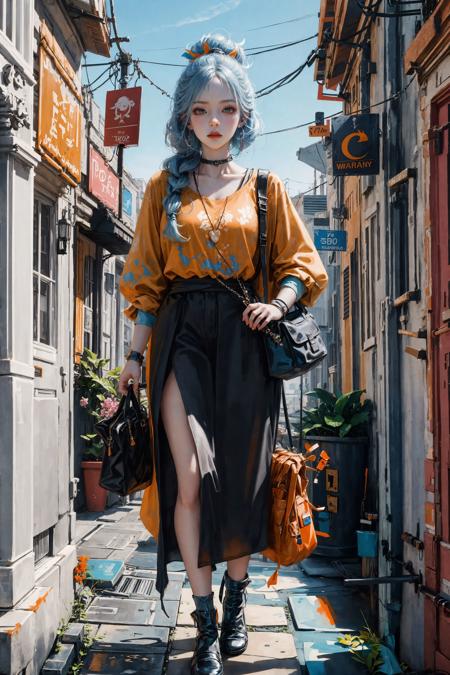 <lora:colorful-000004:0.4>, (xx)
(xx),(full body:1.6),orange background, 1girl, jewelry,carrying a stylish bag , earrings, blue_sky, white_theme, solo, mole, blue and pink hair, multicolored_hair, long_hair, mole_under_eye, upper_body, grey_eyes, looking_at_viewer, sunset,(orange shirt:1.4), Fashion,