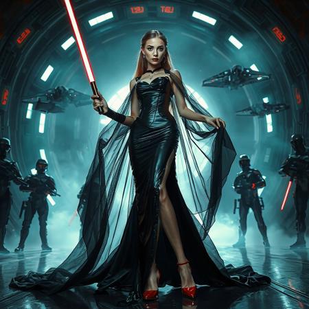 slender arrogant cold femme fatal russian princess wearing black glossy foil corset victorian  gown with high slit puffy full skirt , small size opulent glossy red  high heels, ultrathin black transparent slime cloak, jewels, elegant small light saber in her right hand, lifting her skirts with left hand, posing standing, view from below,  evil grin, green eyes, lipstick, giant portal to outer space, fog from the floor, empire spaceship hangar, surrounded by halo odst troopers, TIE spaceships at the background, fashion look, hollywood, vogue makeup, porcelain skin, long haired, ultrathin waisym reminiscent of Lucas, Spielberg styles, with close-up glamour photography and dramatic lighting view from below,
