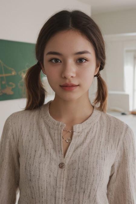 one pretty european girl, (.5 filipina) solo, brown hair, (2 pigtails), blue eyes, lips, collarbone, big tits, cleavage, drooping bulbous breasts, necklace, jewelry, orange patterned dress, sundress, looking at viewer, indoor, bokeh, upper body, film grain, cowboy shot, epiCPhoto, <lora:pytorch_lora_weights:0.5>, <lora:breastsizeslideroffset:0.2>, <lora:picxer_real:0.7>, <lora:InstantPhotoX3:0.4>, <lora:more_details:0.6>, identical eyes, identical iris, identical roundpupils, sharp focus, 8k, photography, highresolution, highres, highly detailed dynamic lighting, photorealistic, 8k, raw, rich, intricate details,