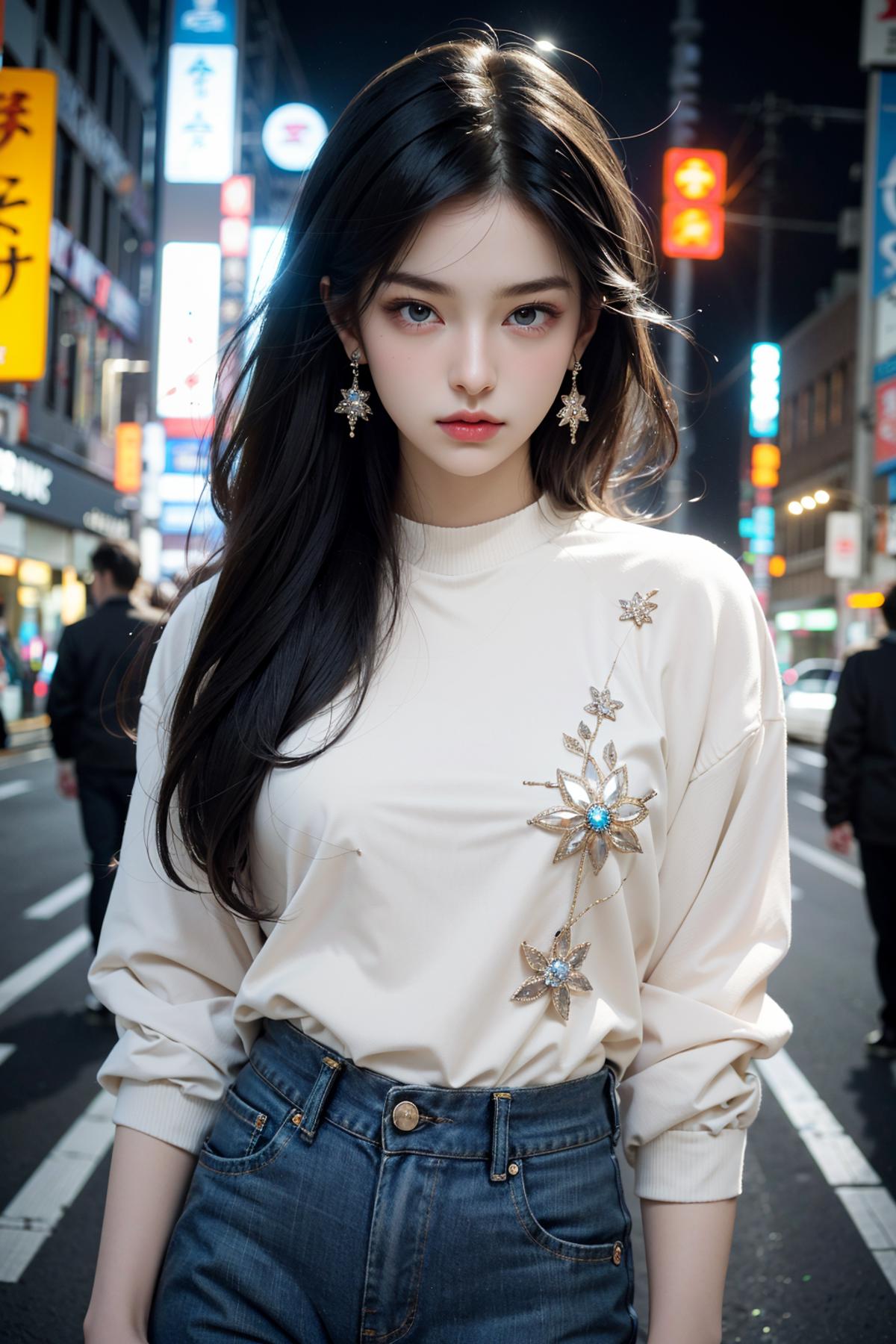 A pretty young woman in a white shirt with a flower design and earrings.