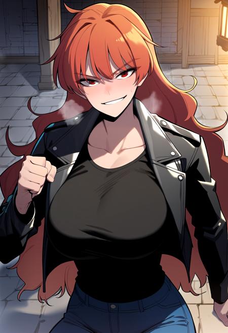 long hair, red hair, red eyes turtleneck, red shirt, sleeveless shirt, bandaged arm, armband, black gloves, fingerless gloves, black pants black jacket, leather jacket, long sleeves, black shirt, collarbone, jeans