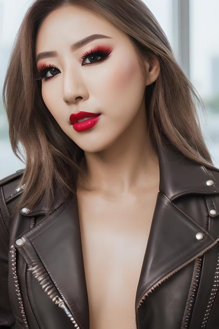 (<lora:ndoshi:0.5>), hyperrealistic, raw, shot on red camera, (kpop makeup1.4), ((perfect detailed eyes:1.4), (leather jacket:1.2), red lipstick, soft light, ((glass)), hyperrealistic reflection