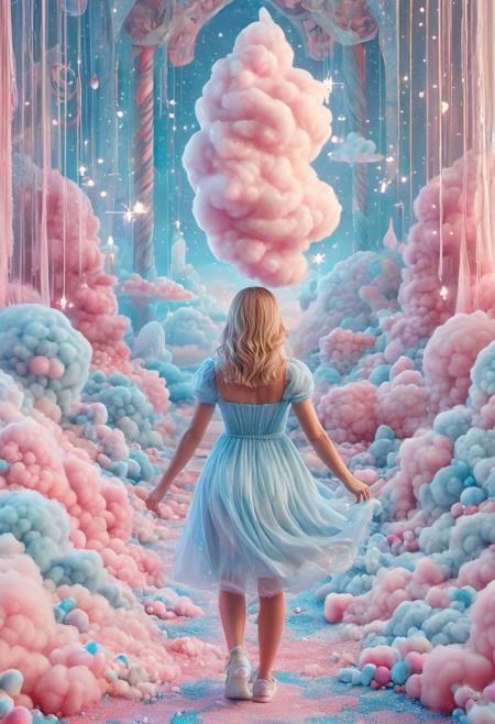 The scene reveals a 3D mosaic made from cottoncandy layers, projected in immersive perspective. A woman in a soft blue dress steps across blocks of pastel fluff glowing with inner light. Wisps of sugary fog float upward like galactic dust. Fragmented volumes rise and fall, shaping luminous candy architecture. A cotton candy face floats above it all, spliced from chromatic sugar threads and lit by shifting auroras. The air shimmers with softness and surreal structure.