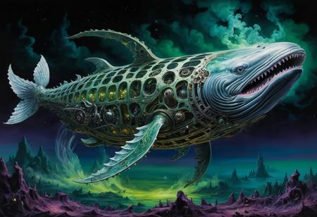 Ultra-detailed painting of a 'Clockwork Leviathan' — a colossal biomechanical whale floating in a neon-drenched void, its metallic ribs exposing gears that turn with liquid mercury. Thousands of tiny humanoid figures crawl inside its machinery, maintaining the illusion of life. The creature's eye is a shattered portal to a dying star, and its tail dissolves into fractal smoke. Style: hyper-realistic oil painting meets glitch art, with insane texture contrast (smooth chrome vs. cracked porcelain skin). Lighting: toxic green and deep violet, as if the scene is lit by a dying galaxy <lora:FluxDFaeTasticDetails:1>