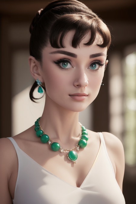 ((AudreyHepburn)), mj3d style,3dmm,3d,(full body shot:1.3), bokeh:1.2, indoors, on a soft bed, high-heels, looking at viewer,((tugging on over-sized white shirt with shoulders showing, necklace)), (22 years old woman), medium breast, small waist, (green eyes, beautiful eyes), beautiful face, perfect illumination, beautiful detailed eyes, looking at viewer, stunningly beautiful woman, detailed hairstyle,  good hands,  detailed hands, good feet, (8k, RAW photo, best quality, masterpiece:1.2), (realistic, photo-realistic:1.37), ultra high res, photon mapping, radiosity, physically-based rendering, (ambient light:1.3), (cinematic composition:1.0),professional soft lighting, light on face