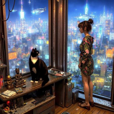 black cat with a white neck and white feet is sits on a cluttered metal riveted desk next to a maneki neko statue and small bronze buddha, the cat is looking out to a floor to ceiling window that looks out over a futuristic cyberpunk Tokyo skyline with skyscrapers and futuristic airships covered with lights and advertisements in Japanese, a tall thin beautiful young woman, 22 years old, is standing next to the cat looking out at the city through the window, The woman is dressed in an ornate short japanese style bath robe, exposing her long legs.  The woman's hair is messy from just waking up. Artistic cyberpunk, dynamic perspective,