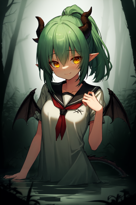 1girl solo green-hair horns dragon-horns dragon-girl dragon-tail pointy-ears wings smile dark-orange-serafuku yellow-eyes small-breasts creepy-swamp twisted-trees creepy-atmosphere misty-and-hazy stagnant-water haunted-feeling ponytail bangs looking-at-viewer closed-mouth hair-between-eyes upper-body selfie <lora:Syroh-000008:0.9> <lora:breastsizeslideroffset:0.1>