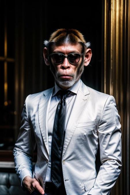 (analog photo) of a ((male gangster monkey)) wearing a (italian black buisness suit with a white shirt and black tie) and wearing black Rayban style sunglasses, serious face,  (hands in pockets, confident posture,) masterpiece, Fine art photography, award winning photography, epic realism