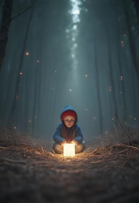 Glowing square in forest, depth of field, tiny little glowing archie around the shape