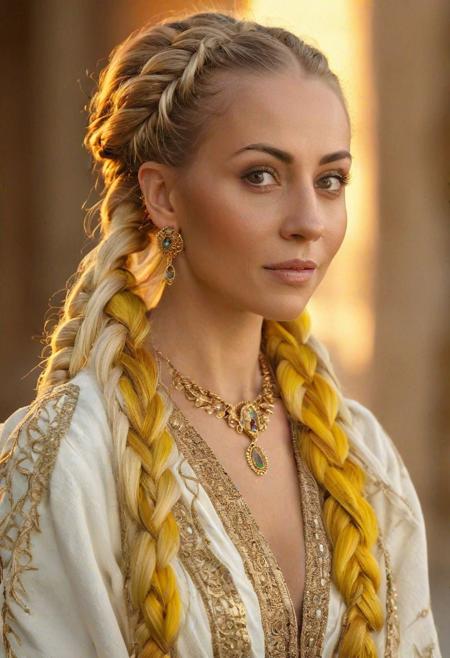 style: photorealistic, 
highly detailed, 
high resolution, 
a malicious beautiful mature elvish woman wearing a long white antique roman toga dress with golden applications, 
(in her late 40s:1.5),
(long sharp elf ears:1.5), 
(plump:1.5), 
(she looks at the viewer with an evil and dismissive smile:2), 
she has glowing yellow snake eyes, 
(extravagant colored hair:3), 
(several long braids:3), 
(looking at viewer:3), 
standing proudly in a large roman mansion with pillars and mosaics made of marble, 
the scenerie is full of very warm light and colors
