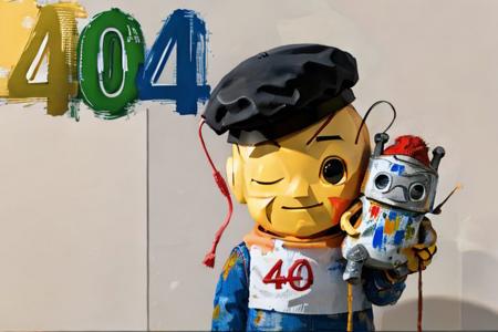 robot,robot_toy,beret,painting,canvas, paint, paint pot, colors,  (canvas with text "404":1.2),brush,holding