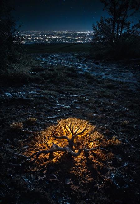 a contaminated ground,   a glowing fungus growing over a carcass, photorealism, intricate details, extremely detailed, masterpiece, masterpiece, Outstanding intricacies, best quality, hires textures, high detail, incredibly detailed, Cinematic Lighting, at night, Cinematic photography, movie mood, cinematic light, compelling composition, storytelling elements, conveys emotion, mood, and narrative depth, creating visually striking images that feel like still frames from a film, night photography, nocturnal beauty, city lights, starry skies, celestial wonders, moonlit landscapes, urban glow, capturing the essence of darkness, ethereal atmosphere, dramatic shadows, magical ambiance, long exposure techniques, expert use of light sources