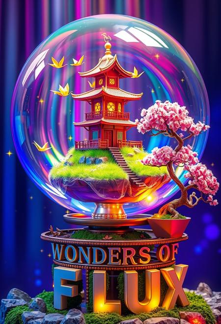 Step into a mesmerizing dreamscape where reality waltzes with imagination! At its core, a gigantic soap bubble shimmers with cascading iridescent rainbows. Within this ethereal sphere, a whimsical Japanese pagoda floats—its walls adorned with candy-striped silk and its roof a flurry of golden origami cranes taking flight.
This fantastical pagoda perches precariously atop a floating island of neon-green grass, sparkling as if dusted with fairy magic. Enveloping it, cherry blossom trees burst with cotton candy blooms, their petals swirling in gentle pink tornadoes. Nearby, a mischievous bonsai tree, its leaves a kaleidoscope of ever-changing colors, grins playfully as firefly fairies dart among its branches.
The bubble rests on an intricate contraption of polished copper and glowing gemstones, teetering on oversized, moss-covered blocks that spell out “WONDERS OF FLUX” in a whimsical, illuminated script. Surrounding this scene, a moat of liquid starlight ripples with leaping origami koi fish. Beyond, an enchanted forest unfolds with ice cream-flavored tree trunks and mushrooms large enough to dwell in. Shafts of prismatic light pierce the canopy, revealing mischievous cloud sheep frolicking in a sky that shifts from bubblegum pink to electric blue. The entire composition dazzles with a symphony of electric purples, lime greens, sunset oranges, and cerulean blues, creating a riot of color and whimsy.