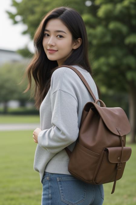 1girl,(student:1.2),casual and comfortable student attire,a backpack slung over one shoulder,natural and friendly expression,university campus background with green lawns,academic buildings,and a hint of other students in the backdrop,natural daylight,(heading to or from class:1.2),close-up shot,capturing the essence of a studious and vibrant student life,nice hands,perfect hands,8k,Best quality,realistic style.,