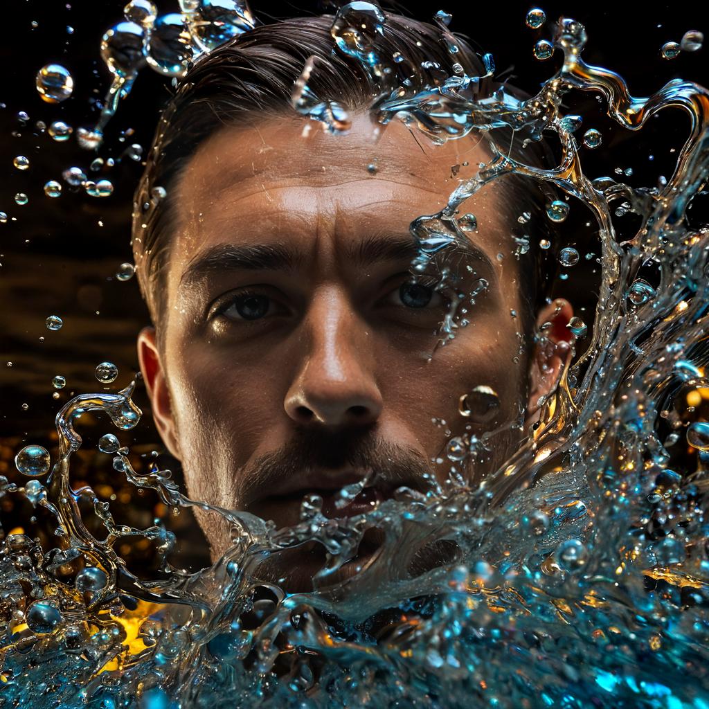 long shot scenic professional photograph of A hyperrealistic portrait of a man whose body is composed of constantly shifting liquid glass, his skin flowing and reforming into intricate, glowing patterns as it moves. His face is partially visible through the glass, but large sections are melting and reforming in real-time. His eyes are glowing orbs of liquid light, and his hair is made of flowing, molten glass that drips and reforms as it moves. Behind him, the background is a surreal, glowing landscape of flowing glass rivers and crystalline mountains, all reflecting and refracting the light in a dazzling array of colors., perfect viewpoint, highly detailed, wide-angle lens, hyper realistic, with dramatic sky, polarizing filter, natural lighting, vivid colors, everything in sharp focus, HDR, UHD, 64K