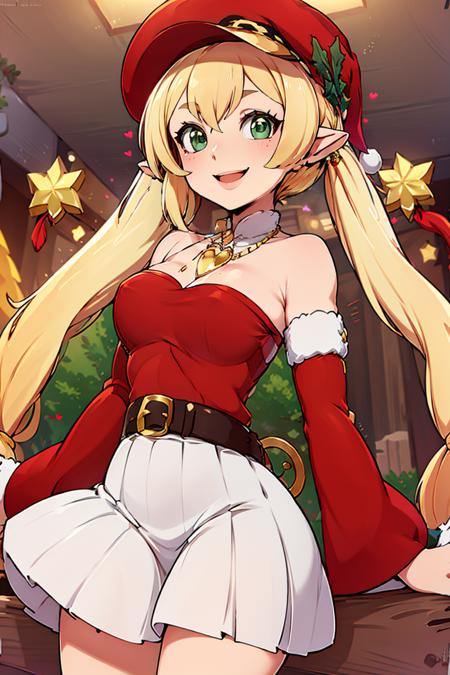 <lora:Merunyaa_Style_Dim32:0.8>,((masterpiece,best quality)), absurdres, <lora:Klee_Adult_Christmas:0.8>,  Klee_Adult_Christmas, pointy ears, green eyes, santa hat, mistletoe on hat, red shirt, bare shoulders, detached red sleeves, blonde, heart necklace, jewelry, twintails, white skirt, solo, smiling, looking at viewer, cowboy shot,