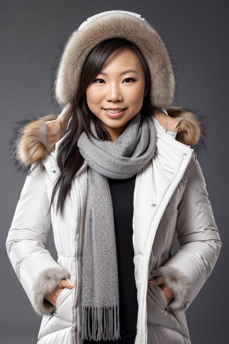 HD photo of beautiful mshn_hiromioshima dressed in a white winter coat, scarf, in a photo studio with a gray background, closeup