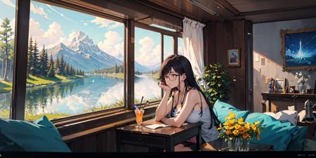 (8k, RAW photo, best quality, masterpiece:1.2),absurdres,detailed face, sidelighting , a detailed painting, clearly worked out detail, intricate, cinematic,dim natural lighting, depth of field,
SCENERY: window,sofa, forest,  wood, lake, mountain in distance,
wide angle,
(1girls), (solo),  minakatahizuru, big breast,
sitting in front of a desk, head rest on arm, looking out the window, thinking,
cocktailworld,
<lora:CocktailWorld:0.3>, <lora:summertimeRendering_minakatahizuru:0.9:F1>