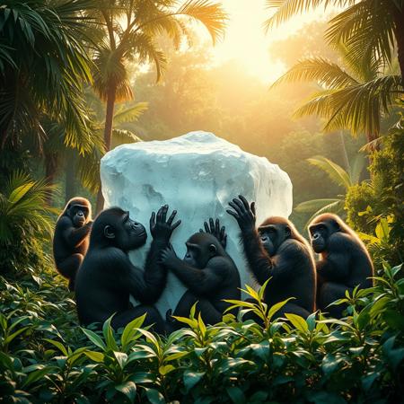 hot summer. Jungle. There is a big ice block in the center. Animals are cooling off by clinging tightly to the block. The animals are chimpanzees, gorillas.