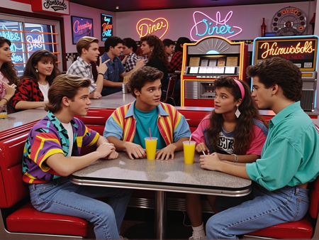 In the style of Saved by the Bell, cinematic still.  A group of young individuals, dressed in vibrant and eclectic 1980s attire, are gathered around a table in a lively diner setting. The diner is adorned with neon signs, colorful decor, and a jukebox, evoking a retro ambiance. The individuals appear engaged in a casual conversation, with some leaning in and others observing the surroundings.
<lora:saved_by_the_bell-SDXL-v1:1>