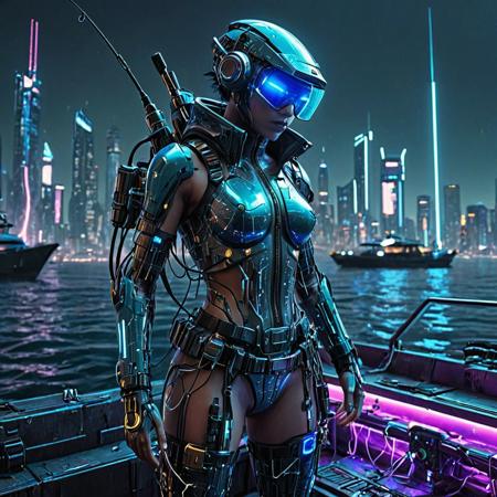 A futuristic android fisherman with a sleek, metallic humanoid design, integrated with subtle aquatic features (e.g., fin-like accents, glowing blue circuits), preparing for fishing on a high-tech boat at sea. The android wears a cyberpunk-inspired fisherman outfit (waterproof techwear jacket, utility belt, no exposed skin or nipples), handling advanced fishing gear (e.g., holographic nets, sonic harpoons). The ocean is vast, with bioluminescent waves under a neon-lit cyberpunk sky. The boat is sleek, with glowing panels and robotic drones assisting. Background features a distant cyberpunk coastal city with neon skyscrapers and floating platforms. Ultra-detailed, 8K resolution, cinematic lighting, vibrant neon colors (blue, purple, green), gritty yet futuristic cyberpunk aesthetic, PG-13 safe,
8k, score_9, score_8_up, score_7_up,
masterpiece,realistic,ultra detailed, vibrant colors,photo-realistic,
Transistors