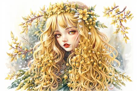 GachasplashMistletoe, 1girl, solo, long hair, looking at viewer, blonde hair, hair ornament, brown eyes, flower, parted lips, hair flower, lips, makeup, leaf, lipstick, portrait, red lips,  yellow flower, drawstring, mistletoe, yellow theme, wreath, frost, snow, watercolor painting