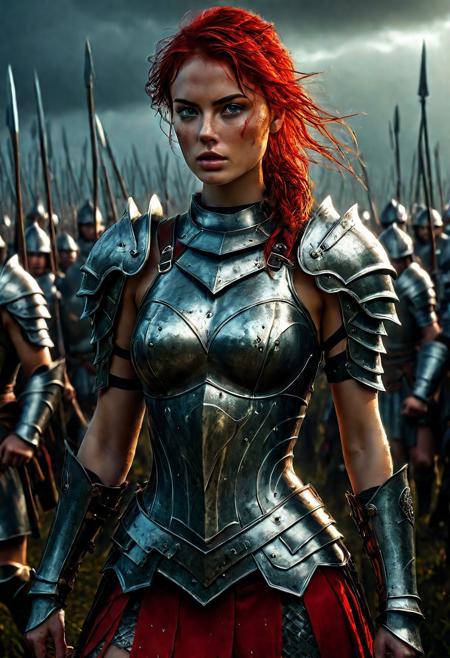 Ultra detailed digital art masterpiece beautiful Warrior girl dressed in a iron Armor and red mini skirt, Standing on a battlefield at the head of an army of knights, where a bloody slaughter is taking place, standing in battle pose, a dark epic fantasy, perfect lighting, beautiful Sadie Sink as Warrior girl, attractive woman, elegant, beautiful woman of athletic body, epic shot of the whole Warrior girl, unreal engine 5 nanite quality, dark fantasy, dark environment, very stormy day, LOTR style, dark washed out eyeliner, no make up, natural bloody pale face, realistic brown eyes, ultra detailed atmospheric details, beautiful glowing effects, sparkle effects, realistic body proportions, beautiful face proportions, complex masterpiece, wavy red hair, creative glowing detailed tattoos, complex physics, enhanced colors, complimentary colors, ultra detailed raytracing reflections, Ultra detailed complex background, environment feels alive, direct eye contact, dramatic lighting, wet and sweaty skin, beautiful firm Breasts, Daylight, Concept art by Greg Rutkowski, adding to the intense and dynamic atmosphere of the scene.