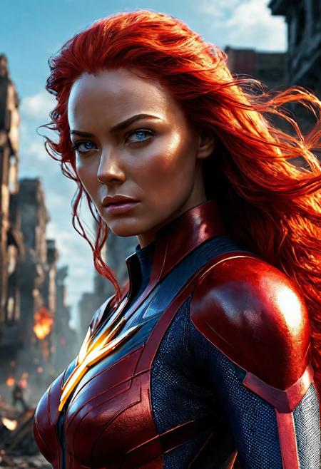 UltUltra detailed digital art masterpiece, Hyperdetailed, hyperrealism, extremely high resolution of Beautiful Superheroine Jean Grey as Dark Phoenix, Greg Rutkowski style, stands in a bloody, sinister fiery battle in the streets of a ruined city, Realistic blue eyes, wavy red hair, Intricately designed black and red X-Men Superheroine combat costume with X logo, Marvel, X-Men, 8K, deep color, Cinematic Lighting, intricate smooth, sharp focus digital painting, Artgerm, WLOP, Greg Rutkowski, Beautiful Sadie Sink as 21 years old Jean Grey as Phoenix, Intricately Designed handsome pale face, Marvel comics, Realistic combat dirty clothing, perfect whole athletic body, defiant and seductive, Photograph Taken on Nikon D750, Intricate Elegant, Digital Illustration, Scenic, Unreal Engine, CryEngine, Octane Render, 8k, Designed combat clothes, Attractive, Attractive black woman, dramatic lighting, wet and sweaty skin, beautiful firm Breasts, Daylight, Concept art by Greg Rutkowski, adding to the intense and dynamic atmosphere of the scene
