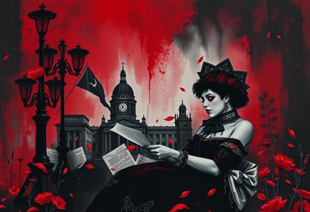 macabre, noir, pallet:<red,black,white,gray>, Soviet Romeo and Bolshevik Juliette