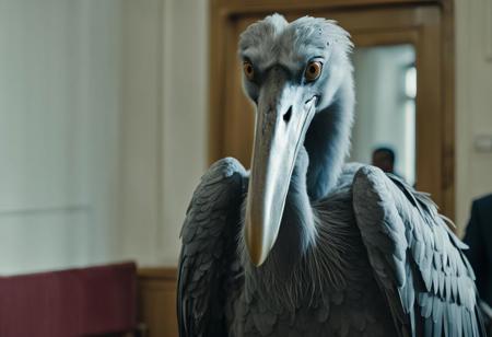 A shoebill is on trail for crimes against humanity in the Hague, raw photo,8k,cinematic shot,intricate detail,realism,masterpiece,taken on a fujifilm camera,menacing,coutroom,indoors,full body,seats,jury