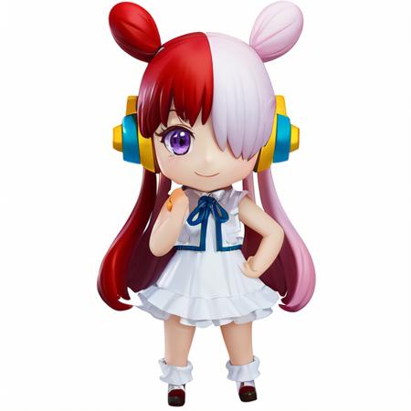 ((masterpiece)), (best quality), highres, ultra-detailed,
nendroid, chibi, solo, simple background,  white background, full body, standing, hands,
one piece, uta, 1girl, animal ears, bare arms, center frills, dress, frills, gradient, hair over one eye,  head wings, headphones, long hair, multicolored hair, neck ribbon, purple eyes, red hair, ribbon, sleeveless, smile, solo, white hair,
<lora:Uta:0.8>,  <lora:Nendroid:0.7>