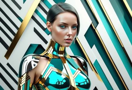 steel and  chrome beautiful female android with gold and teal angular dazzle camouflage