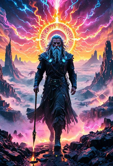 Masterpiece, absurdres, 8K UHD, hyperrealistic, ultra-detailed, cinematic drama, intricate textures, extreme close-up, commanding presence, mythic grandeur, sharp focus, dramatic contrast, ethereal glow. 1male, 
Odin stands surrounded by smoke, the ancient Nordic god, stands atop a hill, the horizon pulsing with synthwave brilliance. The striped sun sets behind a futuristic city skyline, (((city skyline))), its glowing towers stretching into the electric dusk. His battle-worn face reflects the retro-futuristic world, silver hair braided with luminous runes cascading like a digital waterfall. His spear, forged from molten thunder, glows due to the immense charged power, and crackles with electric veins of gold, blue, and violet plasma, its energy syncing with the glowing synthworld beneath his feet. The air hums with neon-lit mist, vapor trails slicing through the sky, where cybernetic ravens glide over luminous grids. His eyes shimmer with the colors of an endless digital expanse, a god of myth reborn in the vibrant pulse of the retro-future,
Photorealistic, cinematic lighting, volumetric mist, hyper-detailed environment, Nordic ruins crumbling into celestial dust. 
cinematic textures, immersive depth, bold composition, striking realism, controlled chaos, divine terror