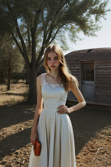 HannaLortki, ((22 years old)), Parisienne dress, feminine pose, well-lit wooden structure, abandoned Wild West ghost town, late afternoon, colorful red orange yellow light, very emotional camera angle, medium format camera, in the style of (Life Magazine)