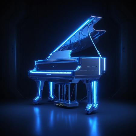 a piano made of glossy silver and blue glow, delicate frame, cyborg, deus ex human revolution, SilverPulse, masterpiece, best quality, highly detailed, sharp focus, dynamic lighting