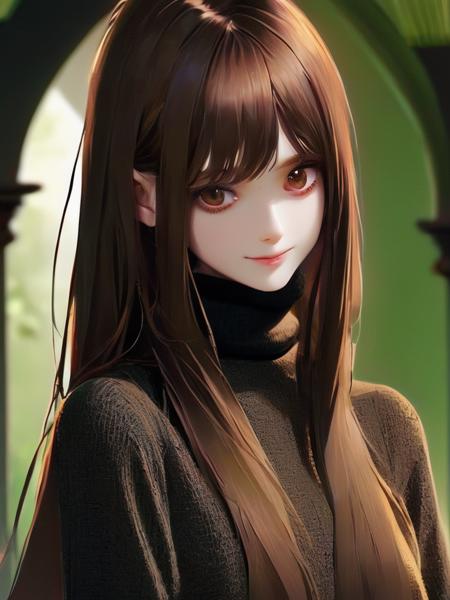 cute girl, bangs. gothic.
beautiful face. beautiful hair. brown hair.
super long hair. straight hair.
(soft smile.:0.5) (green eyes.:0.2)
turtleneck sweater.
<lora:loha_gothic_sdxl:1>