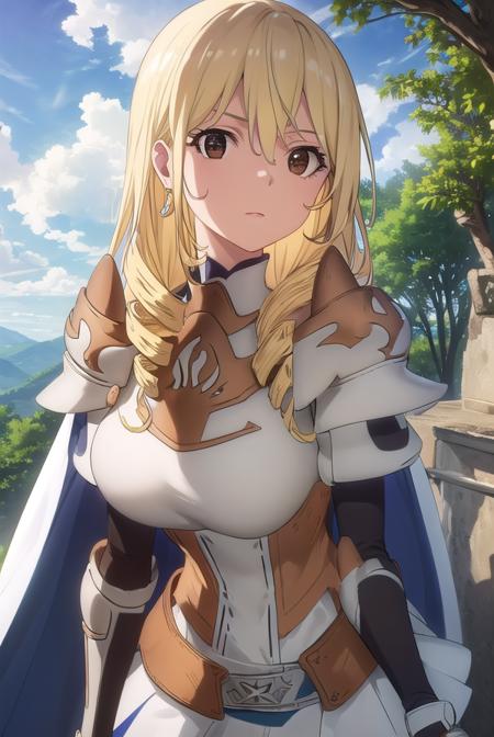 bozescopalesti, <lora:bozes co palesti s1s2-lora-nochekaiser:1>,
bozes co palesti, long hair, blonde hair, (brown eyes:1.5), drill hair,
BREAK skirt, gloves, cape, armor, shoulder armor, gauntlets, jewelry, earrings, breastplate,
BREAK outdoors, forest, nature, sun, sky, clouds, trees, grass,
BREAK looking at viewer, (cowboy shot:1.5),
BREAK <lyco:GoodHands-beta2:1>, (masterpiece:1.2), best quality, high resolution, unity 8k wallpaper, (illustration:0.8), (beautiful detailed eyes:1.6), extremely detailed face, perfect lighting, extremely detailed CG, (perfect hands, perfect anatomy),