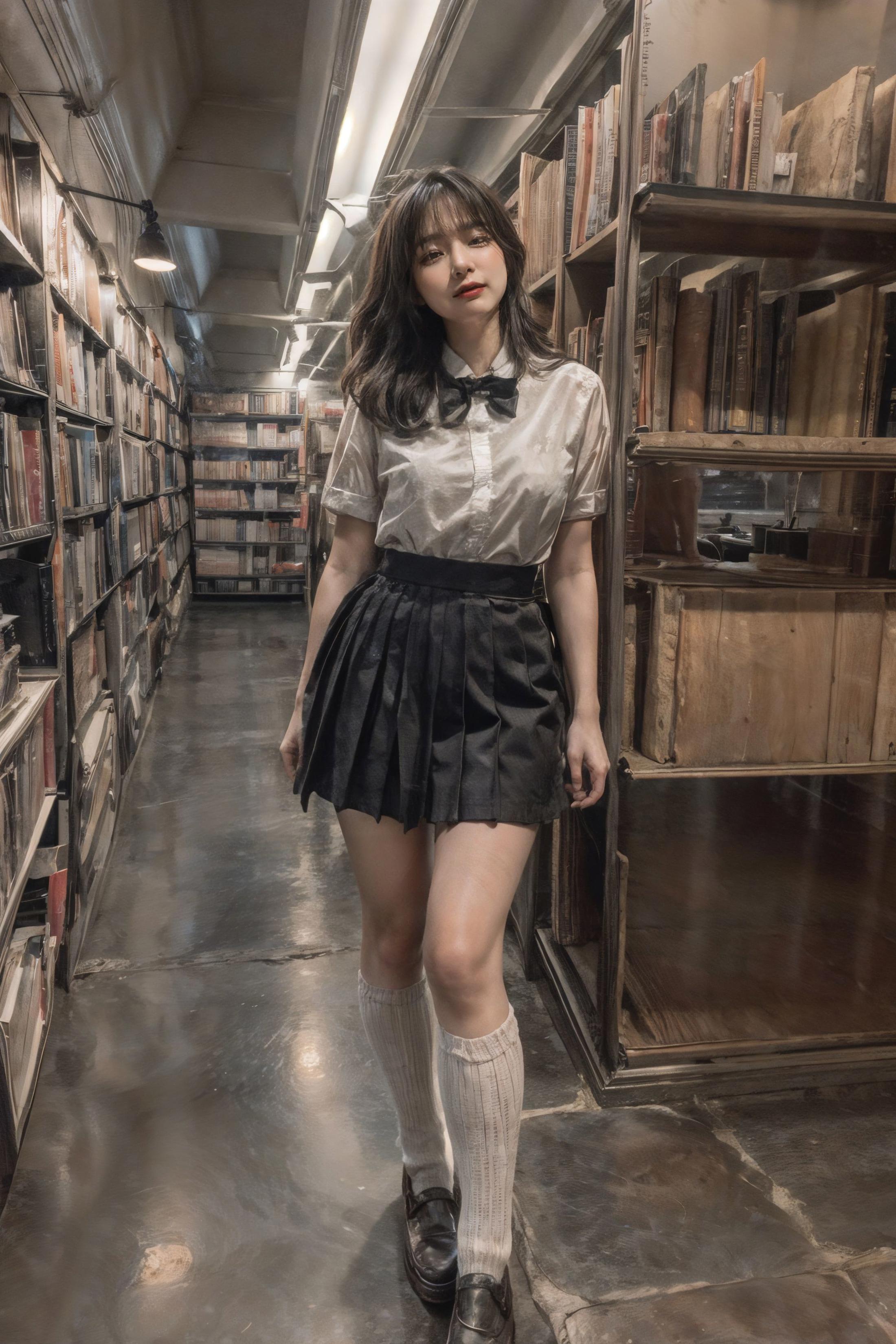 A woman in a white shirt and black skirt standing in a library surrounded by books.