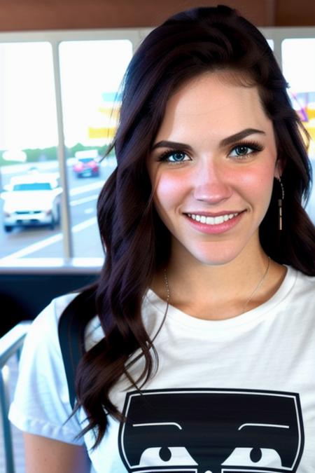 stunningly beautiful young woman <lora:bobbiStarr:1>, at a truck stop, selfie, in a graphic tee shirt, (close up:1.2), stunning face, RAW, 8K, UHD, stunning eyes, perfect day, (candid), [smiling]