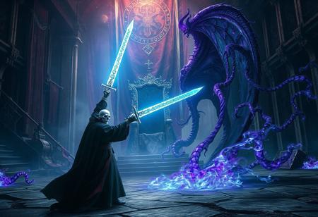 A lich, holding a holy sword emitting dazzling light, stood in the center of the palace hall, fighting against the demon king.
The Demon King was clad in a dark robe, his eyes flashing scarlet light, and his body was surrounded by twisted dark purple magical energy.
The background of the hall is a broken imperial flag and a toppled throne, with dark demonic energy seeping out from the cracks in the ground.
The lich has a cold skull face and is dressed in a robe glowing with blue light. He holds a holy sword high in his hand, and the blade is engraved with ancient runes, emitting pure power of light.
The whole picture is full of tension and epic feeling, with strong contrast between light and dark, symbolizing the ultimate showdown between the lich and the devil.
FHD, Rich in details, masterpiece.