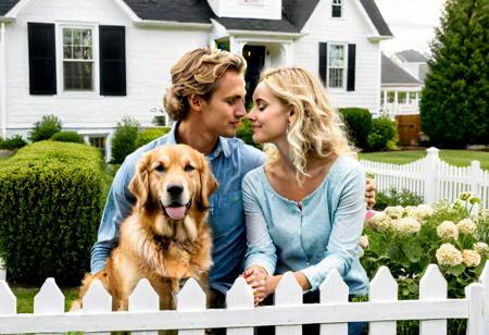 two people sharing a quiet moment, middle-class, she is blonde, he is handsome, golden retriever, white picket fence, 1 story house with gable roofs, perhaps in an embrace or a meaningful gaze. Convey the depth of their connection without the distraction of color.
