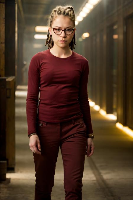 a photo of tatms,a woman,cosima hair,glasses,red shirt,red pants,david lynch lighting style <lora:tatmsF-05:1>