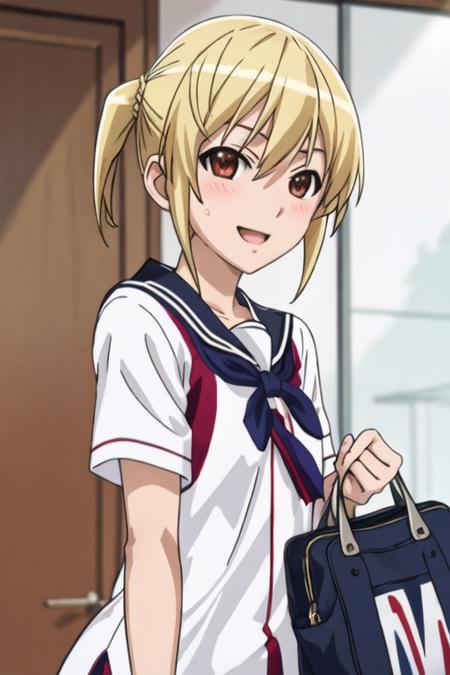 best quality, masterpiece, highres, solo, {otosuna_mihari_mangakasantoassistantsanto:1.15}, blonde_hair, short_hair, open_mouth, brown_eyes, red_eyes, 1girl, long_hair, school_uniform, serafuku, blush, smile, closed_eyes