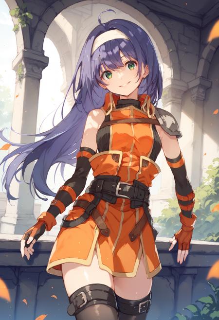 mia feh white hairband,shoulder armor,orange dress,sleeveless turtleneck,belt,fingerless gloves,thighhighs,boots