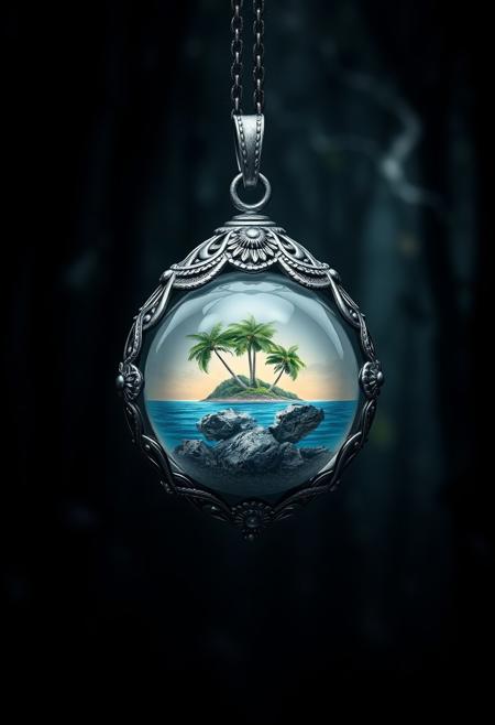 a silver covered detailed pendant with a crystal ball in it, hanging in a dark forest, the crystal ball contains a tropical island