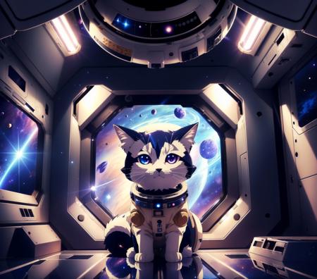 ((anime art style:1.3)), A cute cat,  space suit, dramatic lighting, dynamic pose, dynamic camera,masterpiece, best quality, dark shadows, ((inside space station))